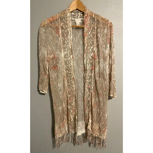 Chicos Womens Kimono Size 2 US L Beige Linen Blend Fringe Hem Sheer Fairy Boho